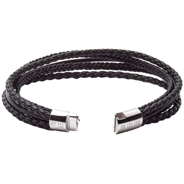 Tateossian Cobra Black Leather Bracelet with Silver Clasp