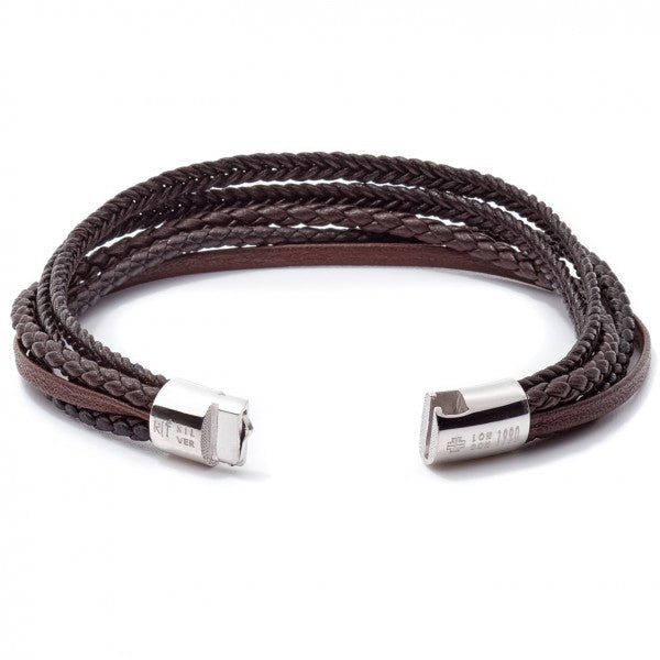Tateossian Cobra 5 Strand Braid Bracelet with Rhodium Plated Sterling Silver Clasp, Brown