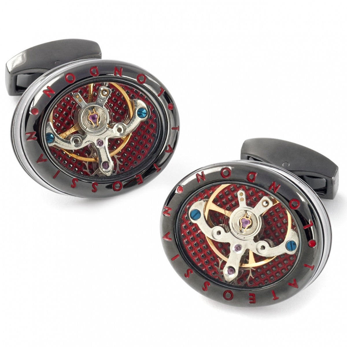 Tateossian Mechanical Panorama Tourbillon Watch Movement Cufflinks in Gunmetal