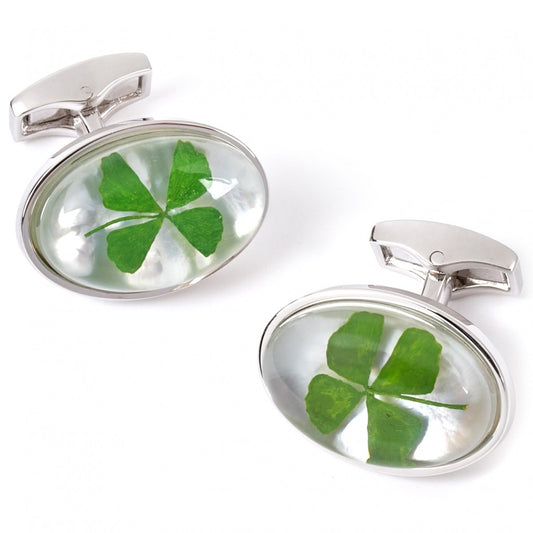 Tateossian Four Leaf Clover Green Cufflinks, Rhodium Silver