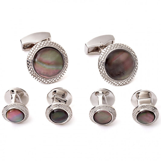 Tateossian Black Mother of Pearl Cufflinks and Studs in Rhodium Silver Case