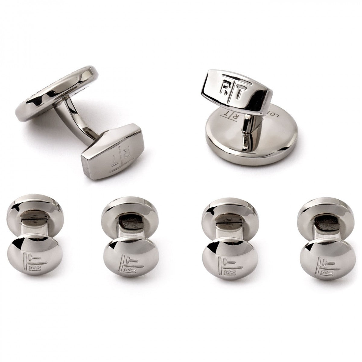 Tateossian Silver Cufflinks and Studs Set, RT Metal Rotondo Guilloche with Rhodium Silver case