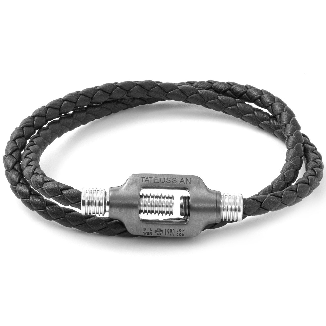 Tateossian Double Wrap Black Leather and Silver Bolt Bracelet