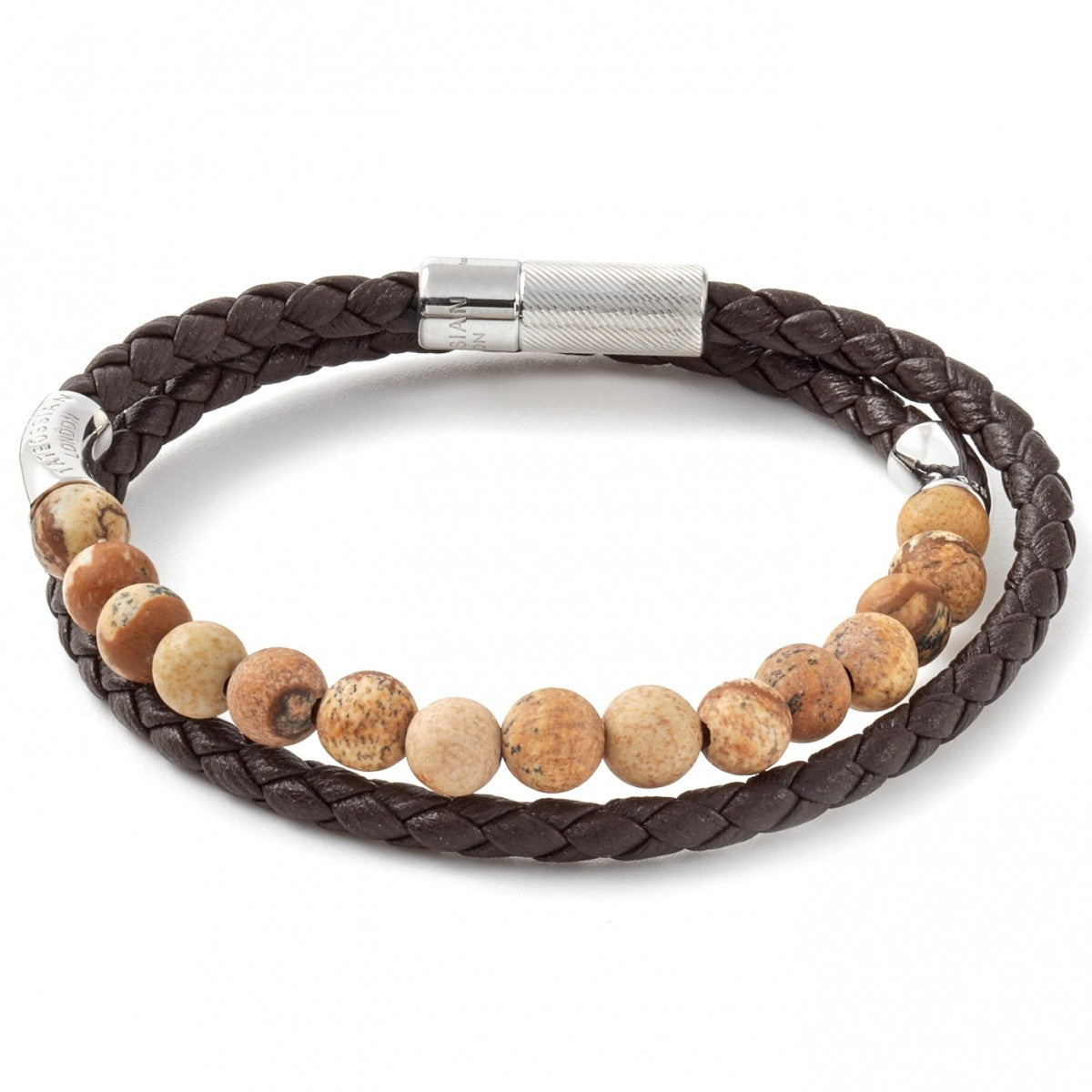 Tateossian Havana Jasper Beads and Leather Bracelet, Brown with Silver Clasp