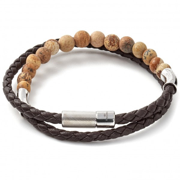 Tateossian Havana Jasper Beads and Leather Bracelet, Brown with Silver Clasp