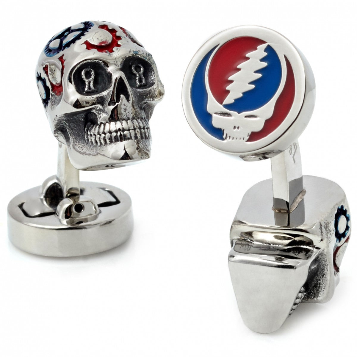 Tateossian Grateful Dead Skull with Gears Painted Cufflinks, Rhodium Plated Silver