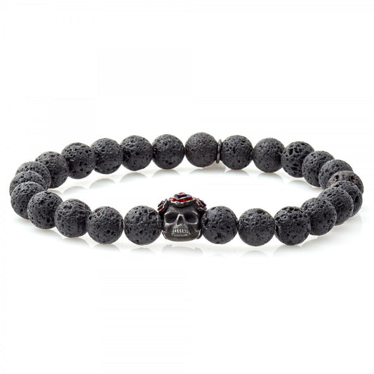 Tateossian Grateful Dead Skull Lava Rock Bracelet with Black Lava Beads