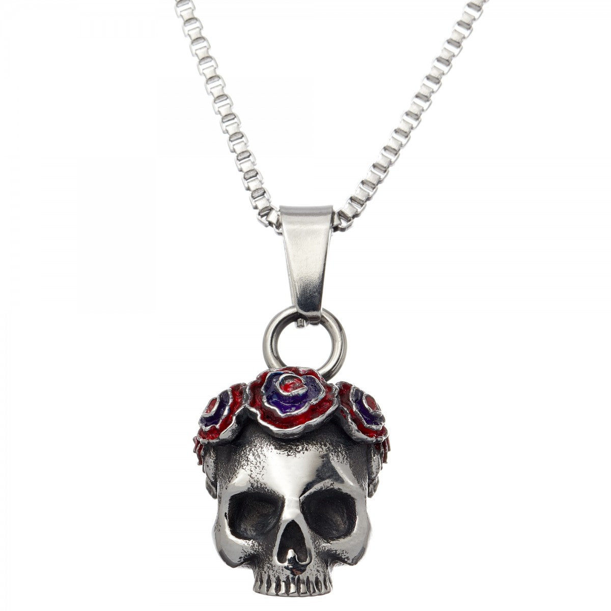Tateossian Grateful Dead Gothic Rose Skull Pendant Necklace, Silver Steel, 48.5 cm Chain Length