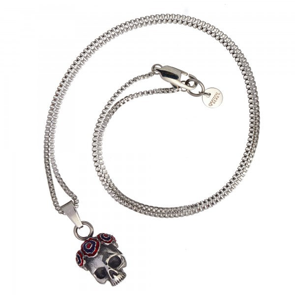 Tateossian Grateful Dead Gothic Rose Skull Pendant Necklace, Silver Steel, 48.5 cm Chain Length