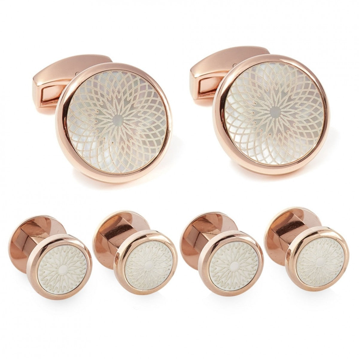 Tateossian Rotondo Guilloche IP Rose Gold Studs and Cufflinks Set, White Mother of Pearl