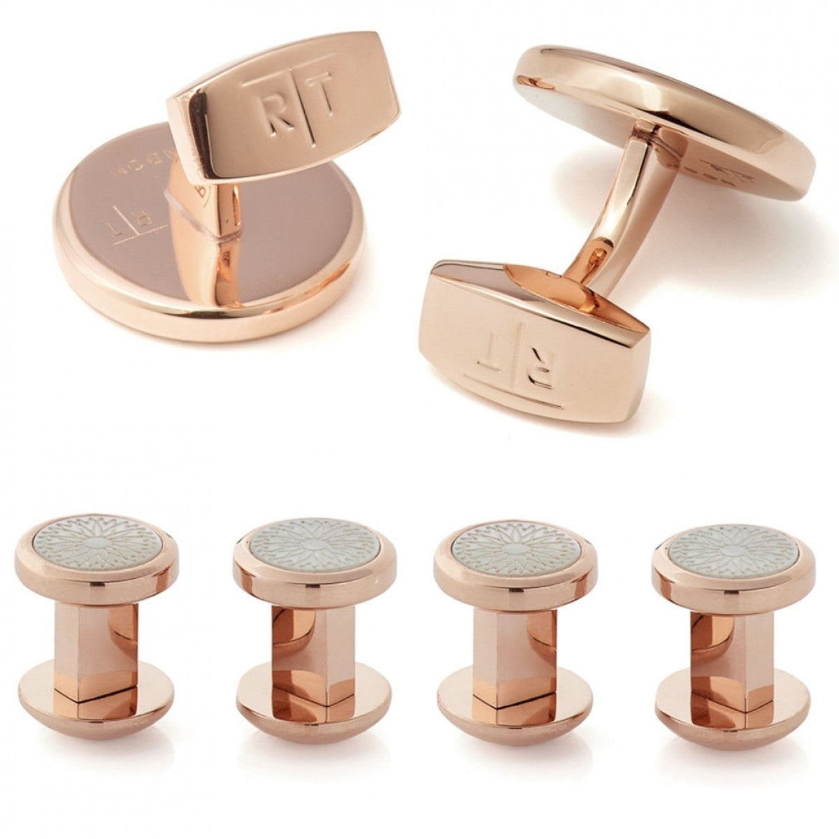 Tateossian Rotondo Guilloche IP Rose Gold Studs and Cufflinks Set, White Mother of Pearl